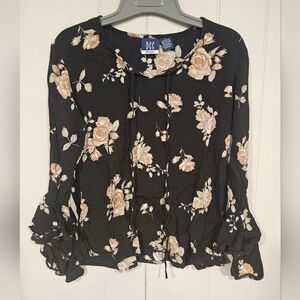 DCC Missy Black Floral Rose Pullover Blouse Tie Neck Ruffle Sleeve Sheer Viscose